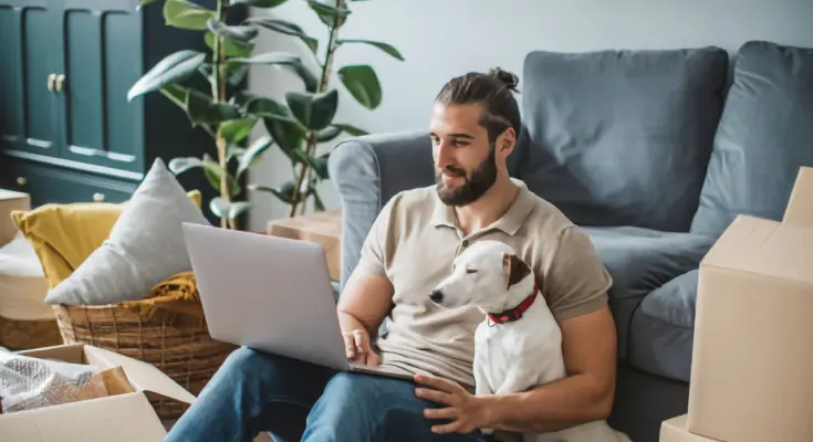 Hombre viendo su computador junto a su mascota